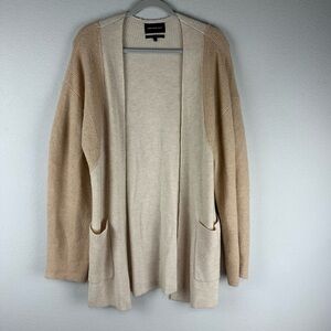 Something Navy Tan Beige Blocked Long Line Open Front Wool Blend Cardigan Small